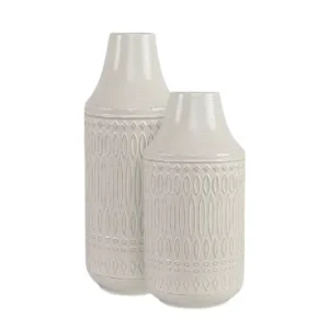 Set of 2 Elegant White Embossed Metal Vases